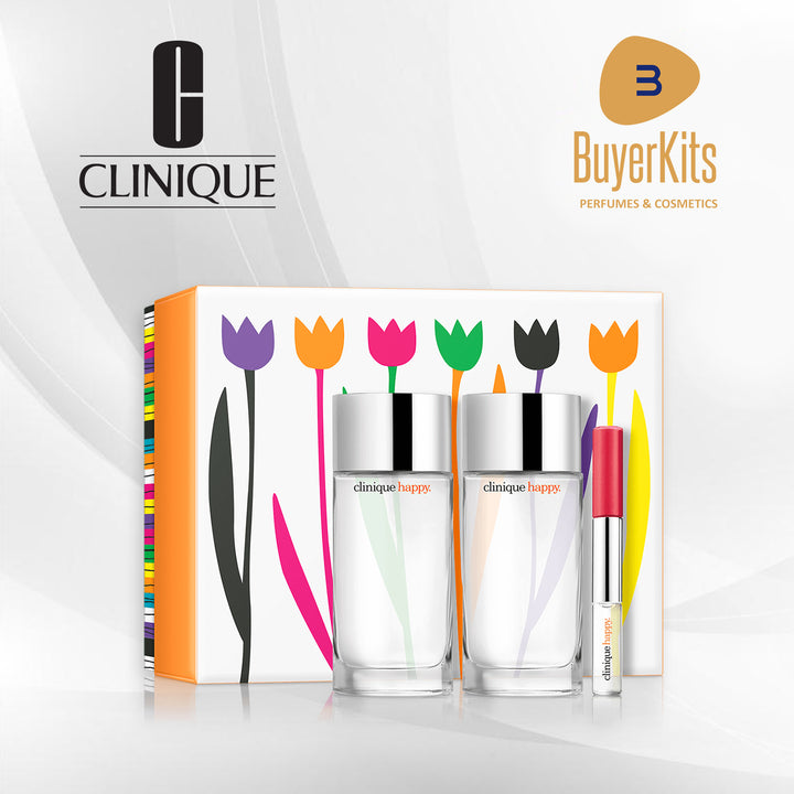 CLINIQUE ABSOLUTELY HAPPY FOR WOMEN PERFUME SET-3PCS /100ML 2PCS/LIPGLOSS/TRAVEL SIZE