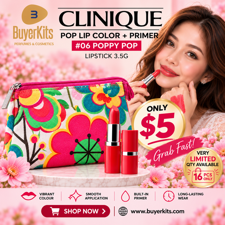 CLINIQUE POP LIP COLOR + PRIMER LIPSTICK 06 POPPY POP 3.5G WITH FREE FLORAL COSMETIC POUCH